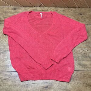 Free People Pink Gossamer Deep V-neck Slouchy Alpaca‎ Wool Sweater Oversized XS